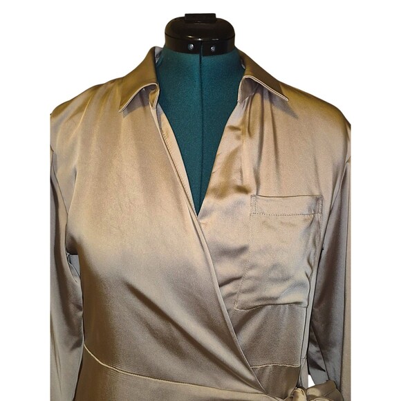 JASON WU SATIN LIGHT TAUPE WRAP TIE LONG SLEEVE CAREEE MIDI DRESS SIZE L $375 - Picture 3 of 7